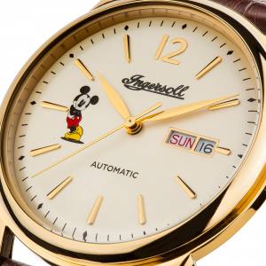 Disney Ingersoll ID00202 Damenuhr The New Haven Union Quarzwerk Edelstahl poliert Ziffernblatt creme Band Lederband braun